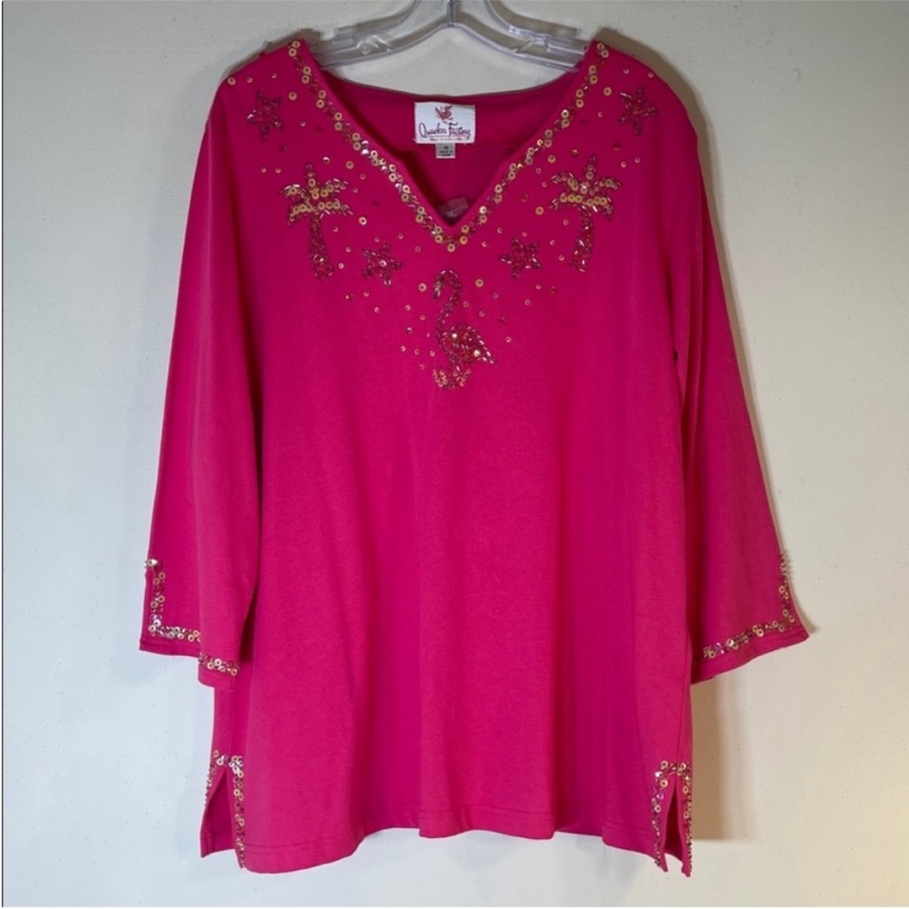 Quacker Factory Fuchsia Hand Embroidered Flamingo Tropical Plant Tunic. 1X. NWT.